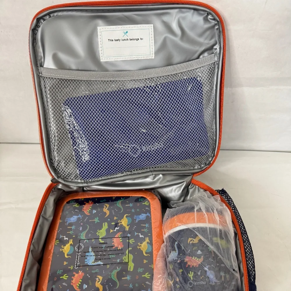 Kinsho Bento Blue Orange Dinosaur Insulated Lining Lunch Box Thermo Ice Pack NEW